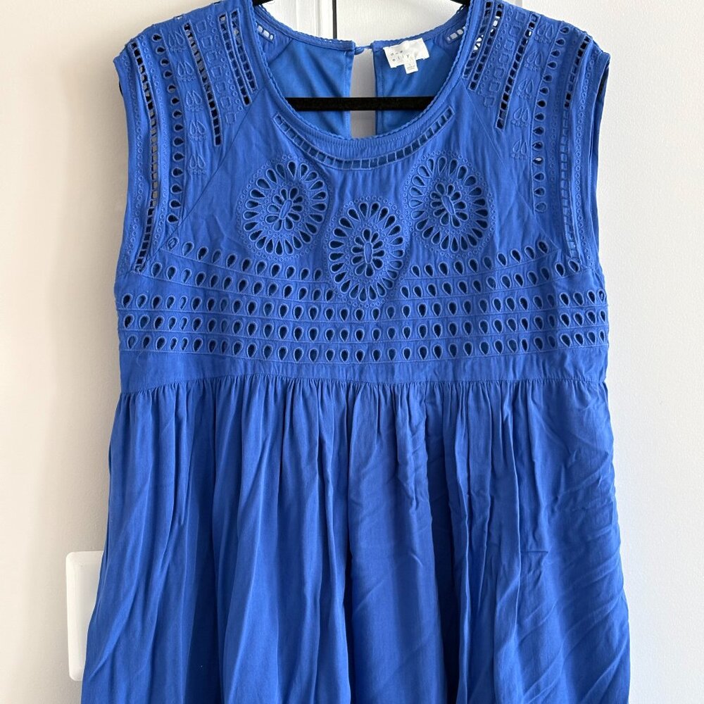 Dee Elly Royal Blue Eyelet Bodice & Hem Sleeveless Lined Mini Dress - SZ L
